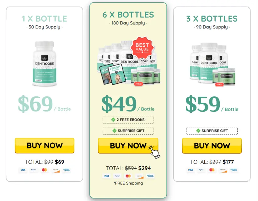 DentiCore one, three and six bottle pricing packages