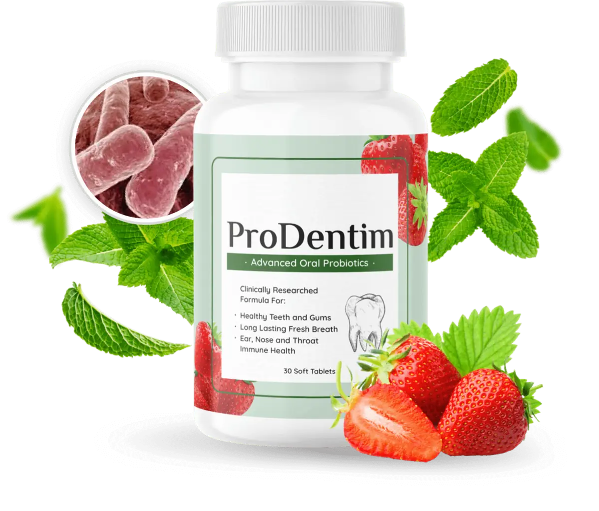 ProDentim oral probiotic supplement bottle and tablets