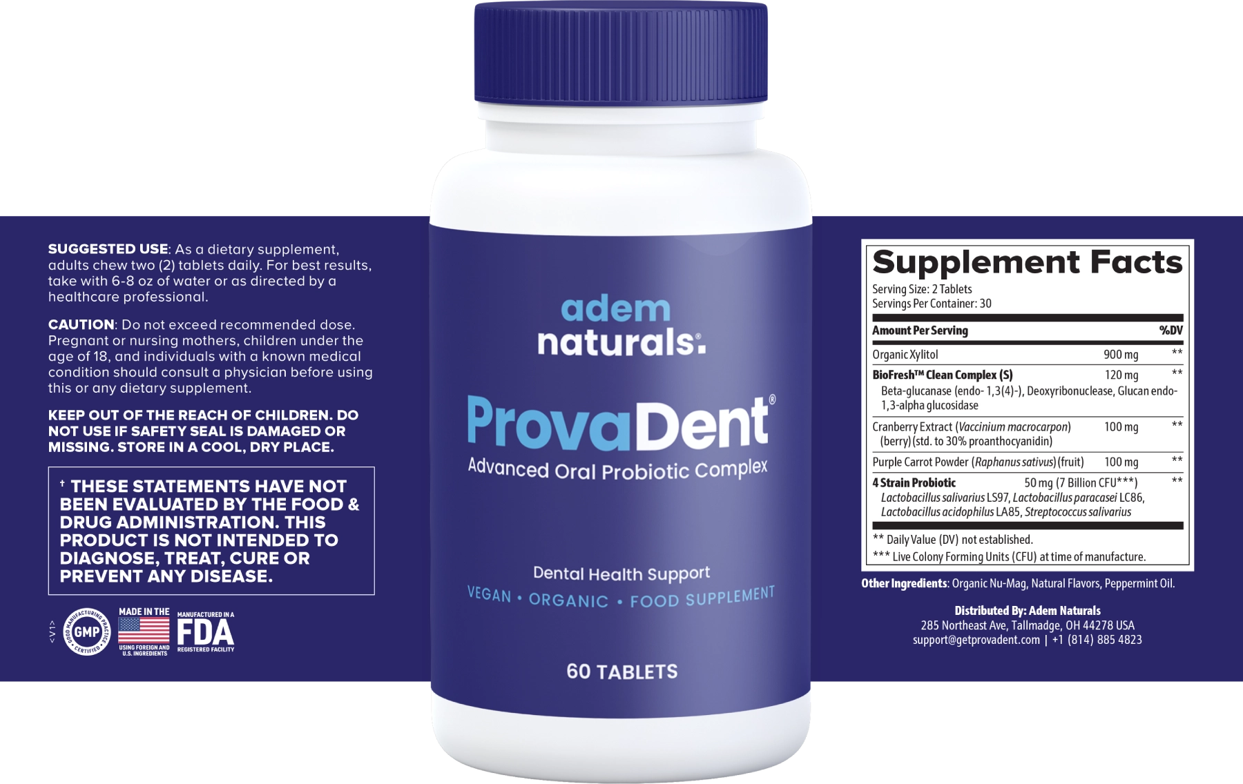 Seller-published ProvaDent supplement facts and other ingredients label