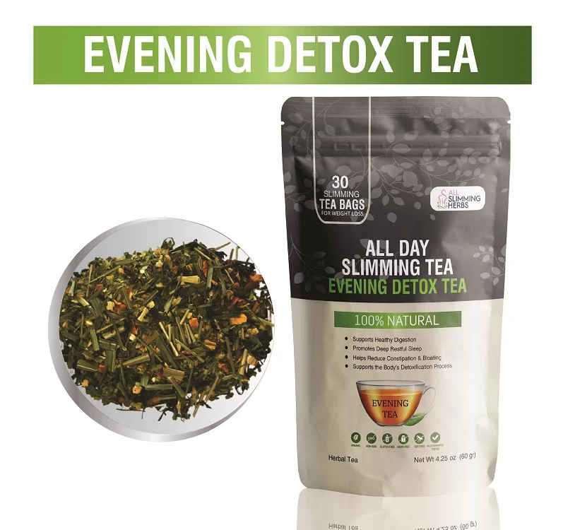 All Day Slimming Tea Evening Detox Tea pouch beside loose herbal blend
