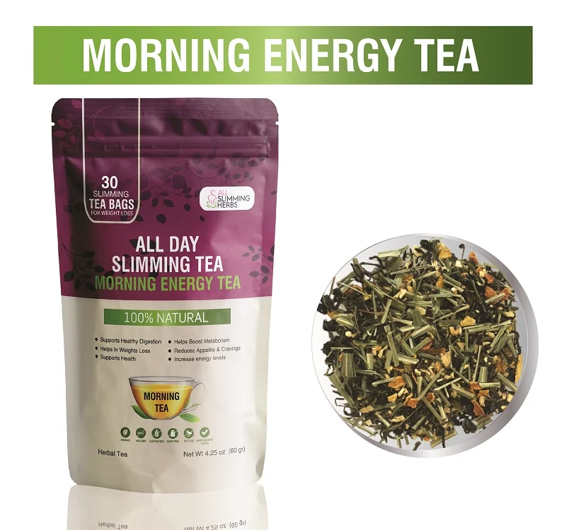 All Day Slimming Tea Morning Energy Tea pouch beside loose herbal blend