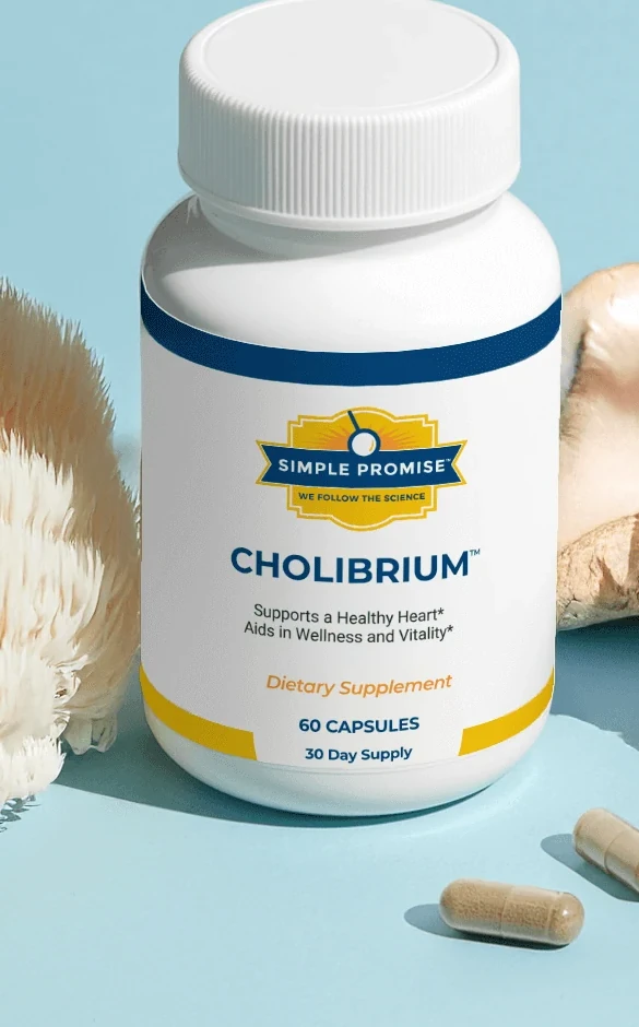 Cholibrium bottle labeled 60 capsules and 30-day supply, beside mushrooms and capsules.