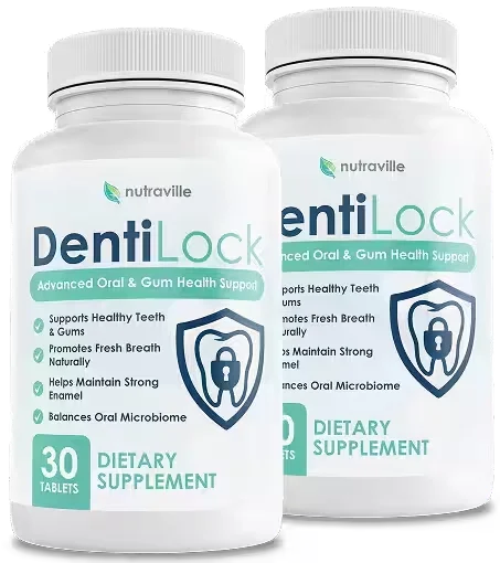 Two DentiLock dietary supplement bottles showing the front packaging