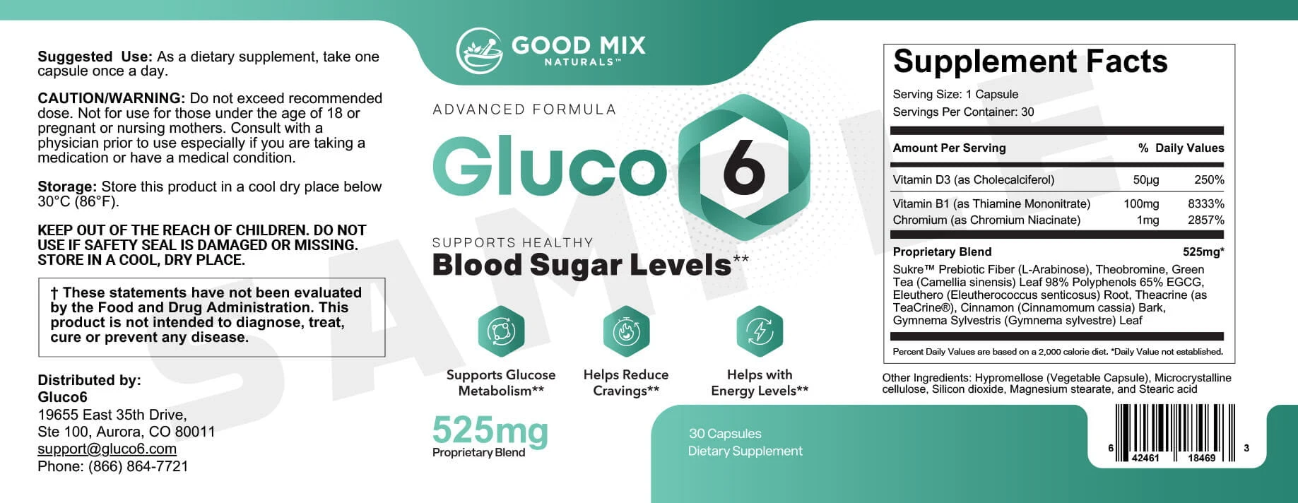 Gluco6 published SAMPLE Supplement Facts panel showing ten actives and seven ingredients sharing a 525 mg blend