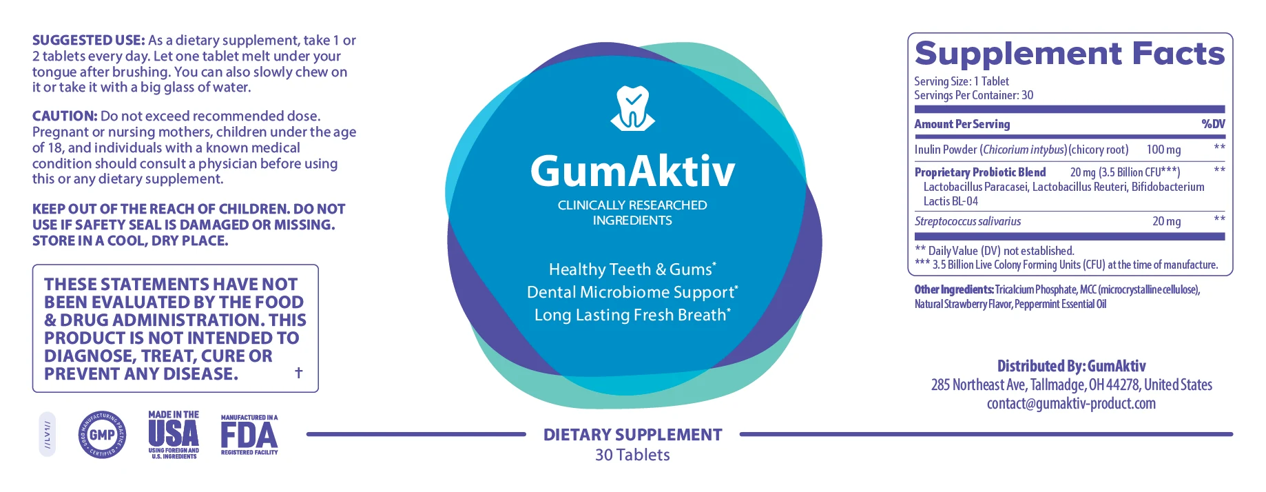 GumAktiv website label with Supplement Facts, directions and cautions