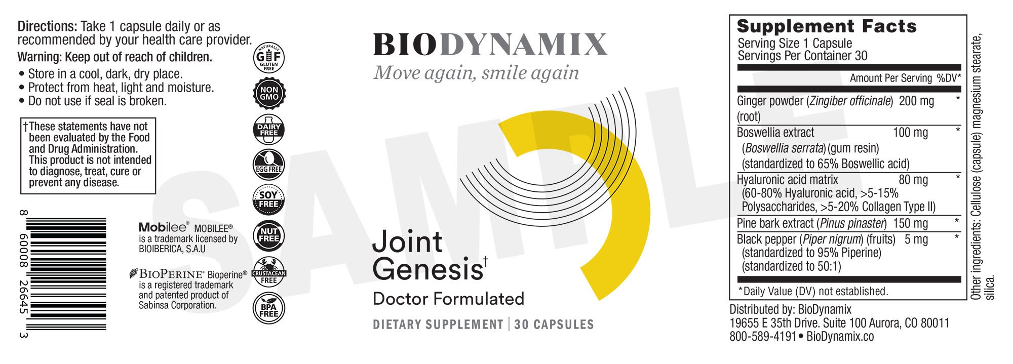 Joint Genesis Supplement Facts label with ingredient amounts and directions