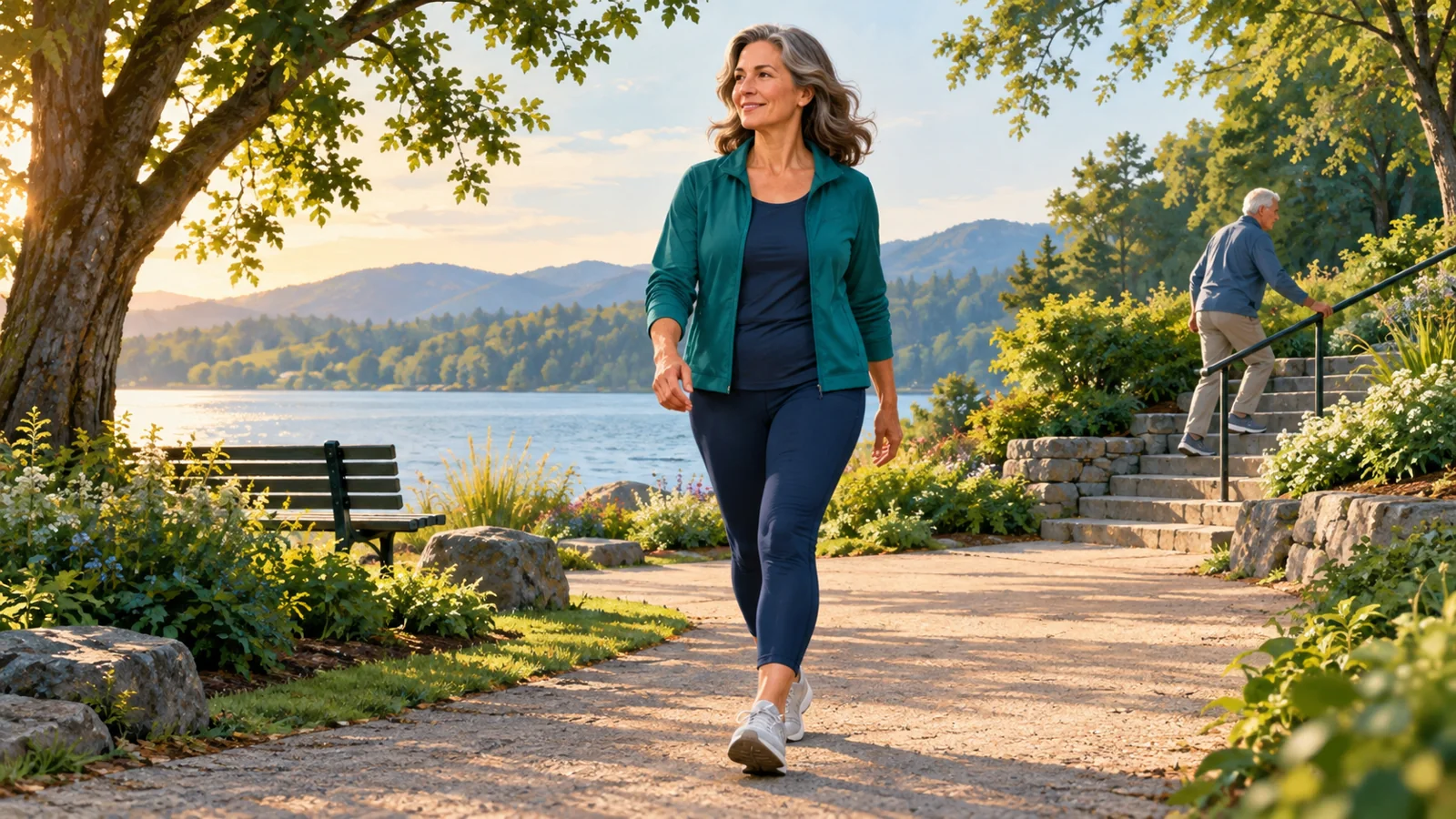 An adult walking along a park path while an older adult uses a handrail on nearby steps