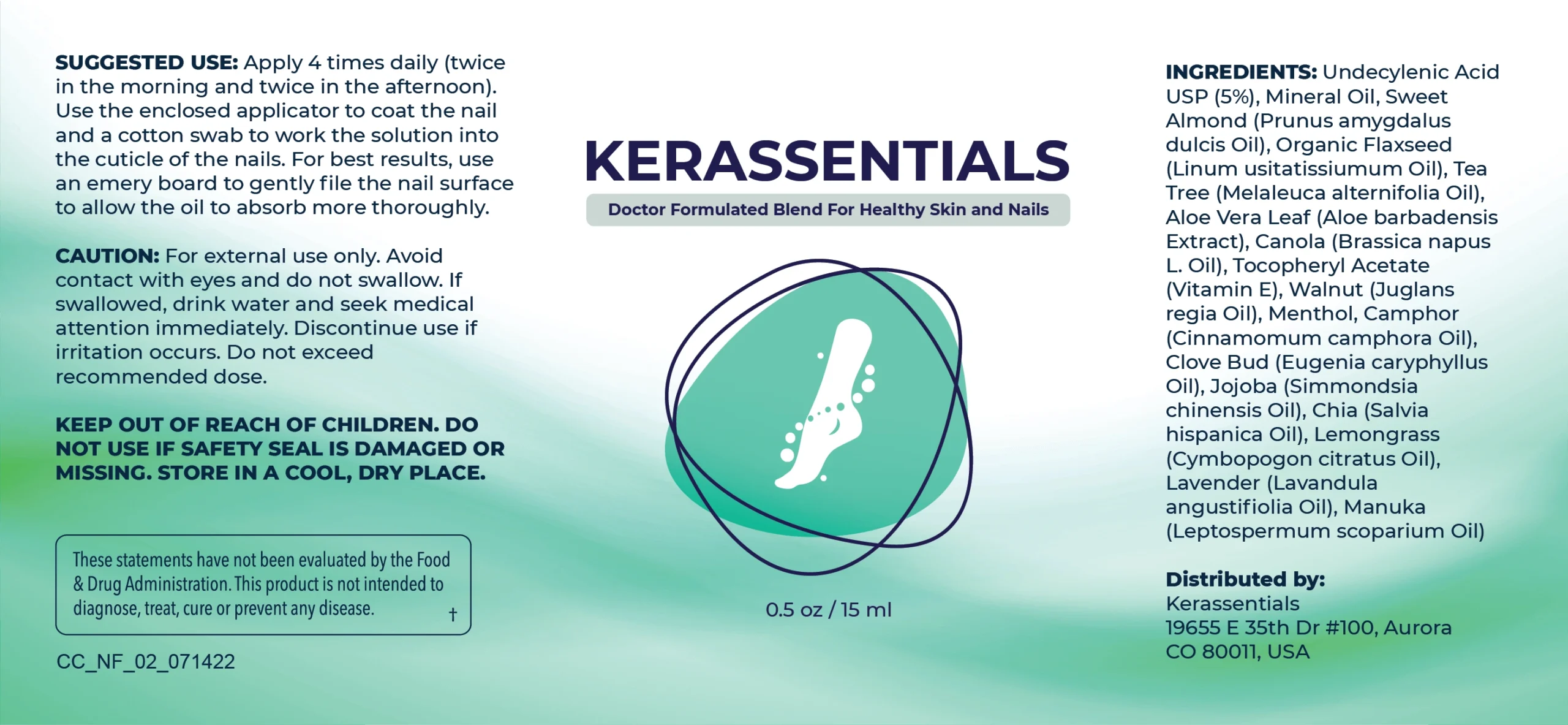 Kerassentials official topical ingredient label listing five percent undecylenic acid, botanical oils, directions and warnings.