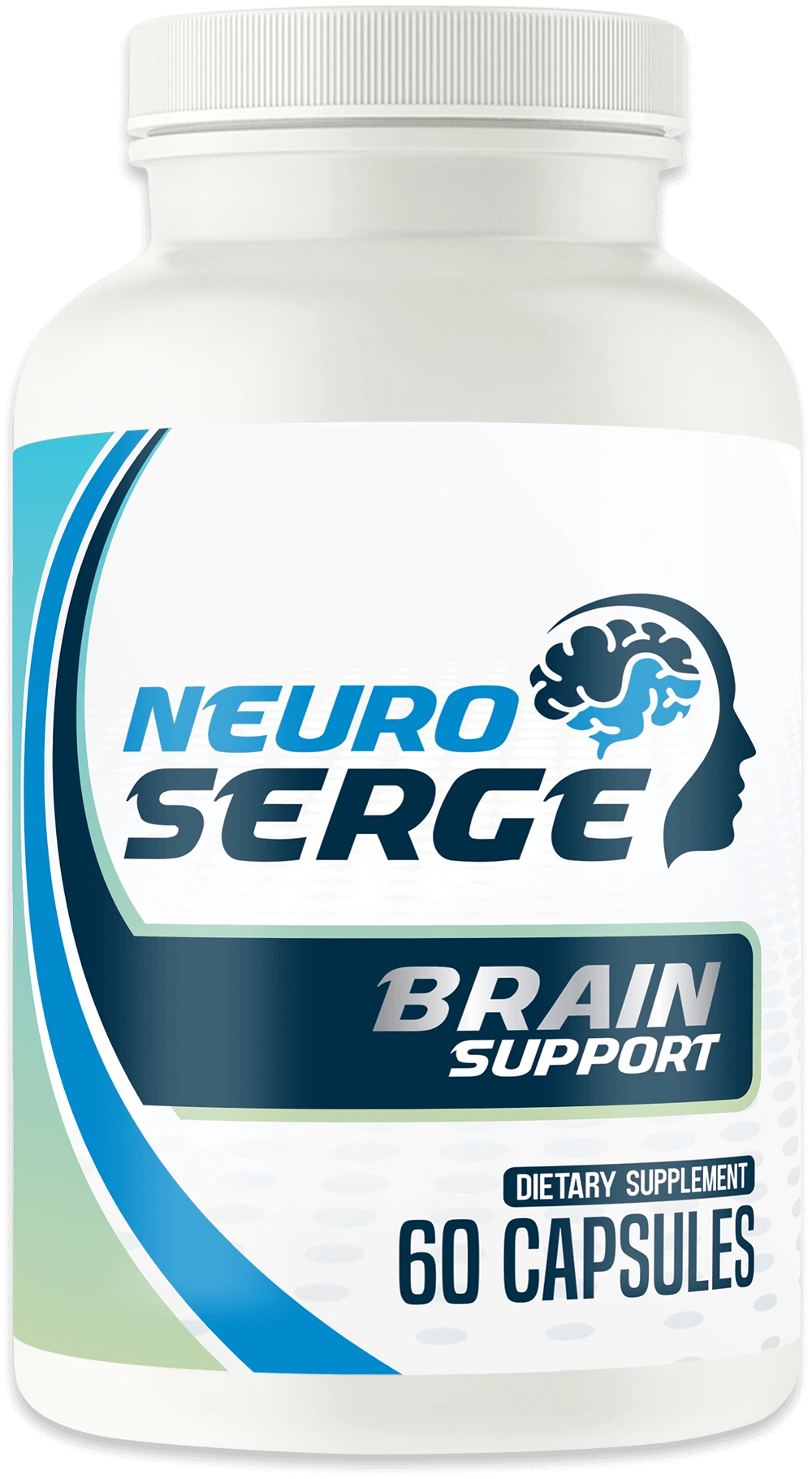 Neuro Serge supplement bottle showing blue brain support branding and sixty capsules on front label
