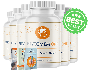 Seller artwork showing six Phytomem One bottles, bonus covers and a best-value badge