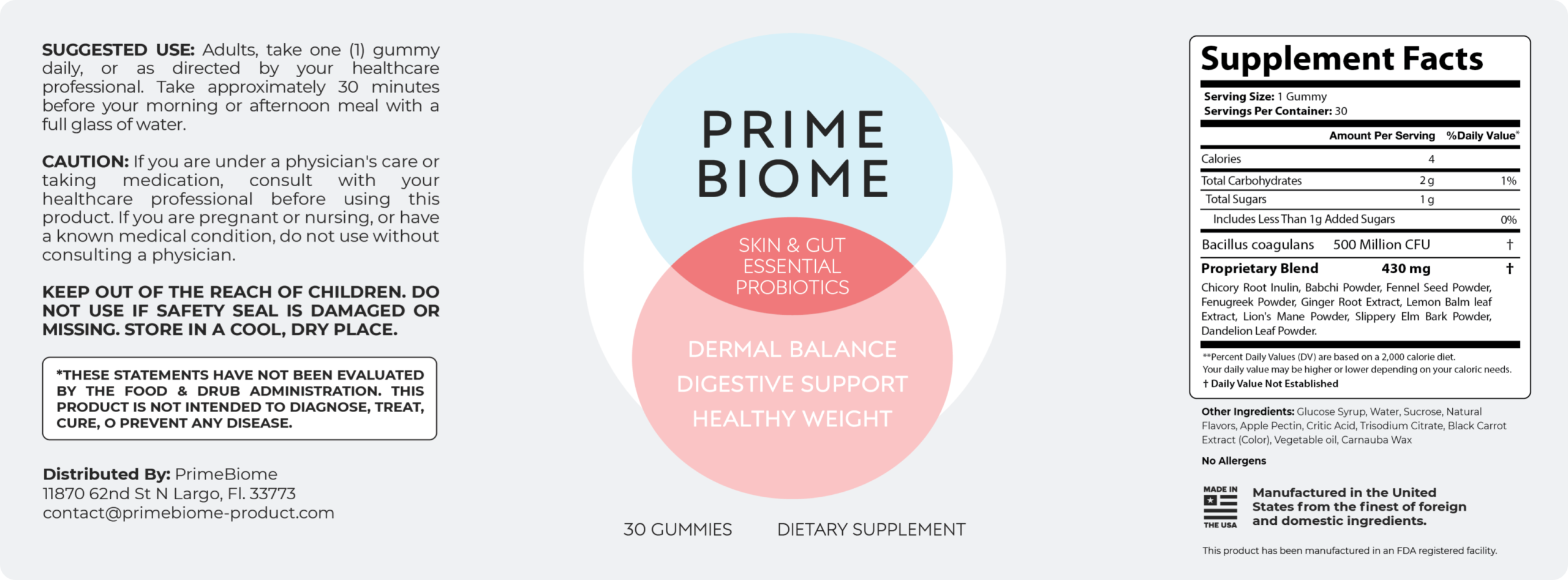Official PrimeBiome label showing one gummy serving, probiotic count, proprietary blend, ingredients and warnings